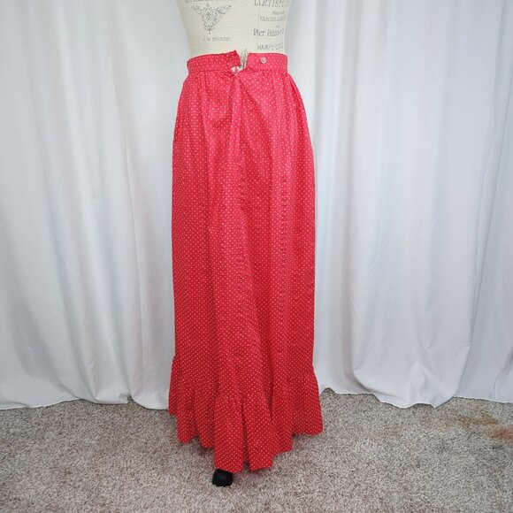 Vintage 70s Prairie Maxi Skirt X Small 2 Red Ruffle Polka Dot Paddle Saddle - Picture 6 of 10